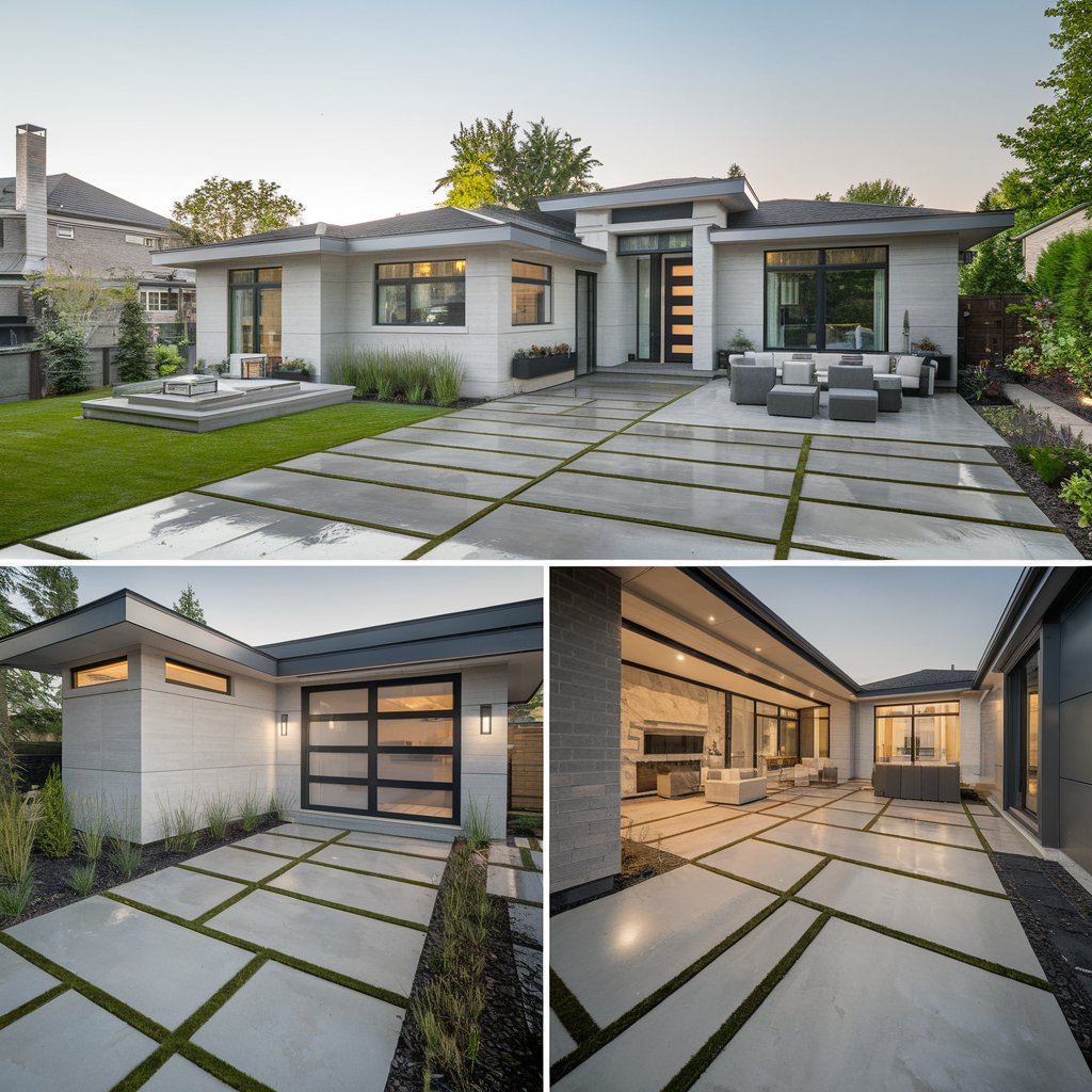 Modern home exterior with a sleek custom concrete driveway, surrounded by lush landscaping. The backyard features a decorative concrete patio with outdoor furniture, while a basement side entrance with a well-designed below grade entrance is visible. The house is set in a suburban neighborhood in the Greater Toronto Area, showcasing professional construction and renovation work